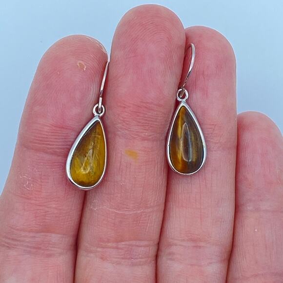 NWOT 925 Sterling Silver Tiger's Eye Earrings Teardrop Dangle Drop - Picture 3 of 5